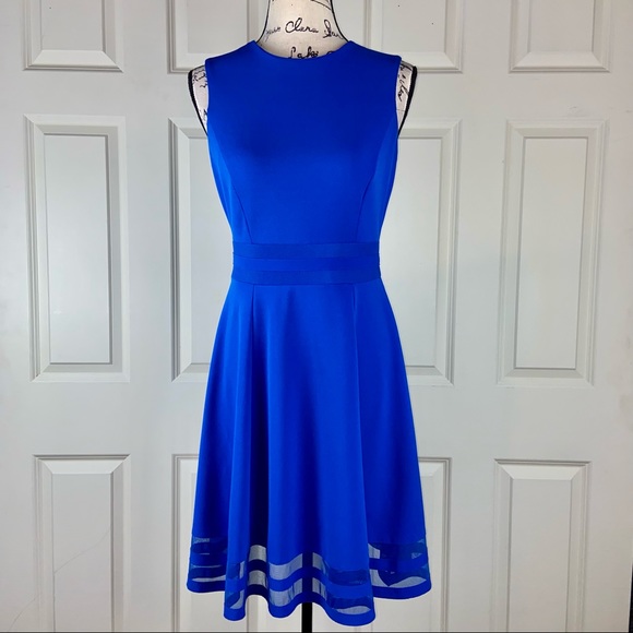 Calvin Klein Illusion-Trim Fit & Flare Blue Dress - Picture 2 of 8